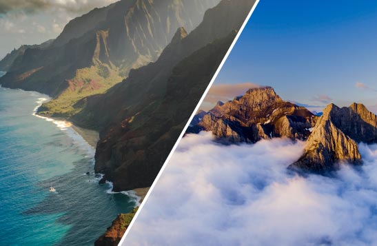 A split image with a Hawaiian coastline on the left, and a Canadian lake and mountains on the right.