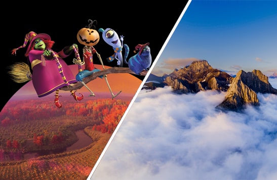 A split image of a Halloween-themed cartoon image and a scenic mountain top on the other.