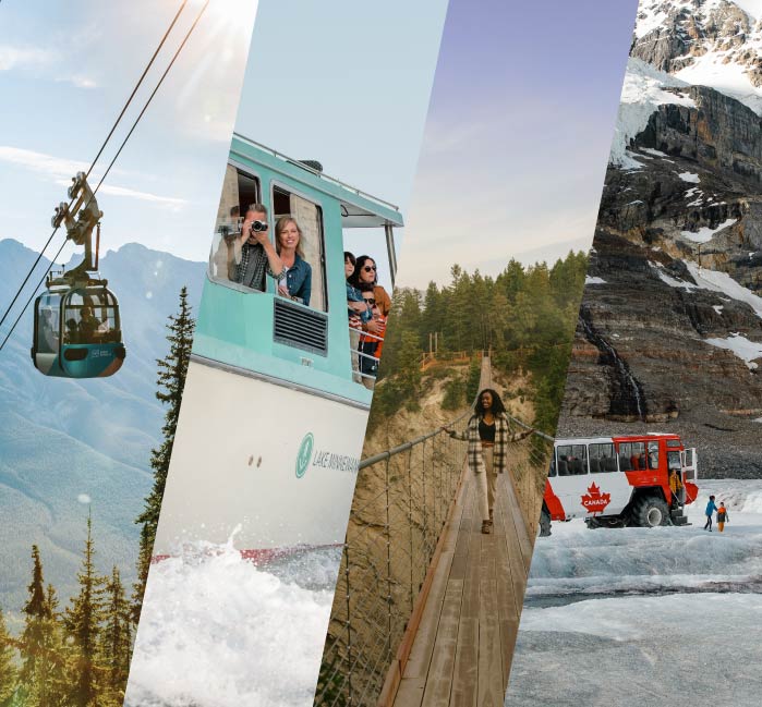 Images of a gondola, boat cruise, suspension bridge and Ice Explorer composited together.