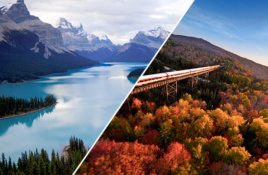 A split image with a Hawaiian coastline on the left, and a Canadian lake and mountains on the right.